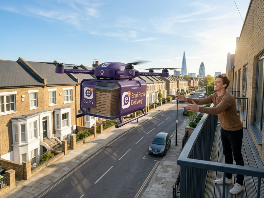 Tongue-in-cheek concept: an Enni-branded delivery drone dropping pizzas to a London balcony